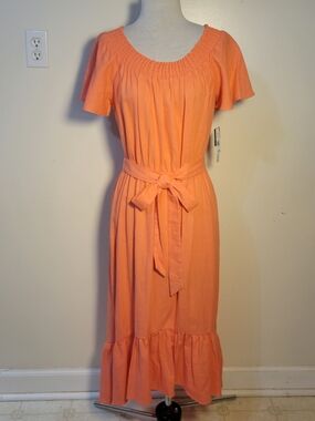 Sandra Darren (Women's 10) Coral Linen Off-the-shoulder Tie-Waist Midi Dress